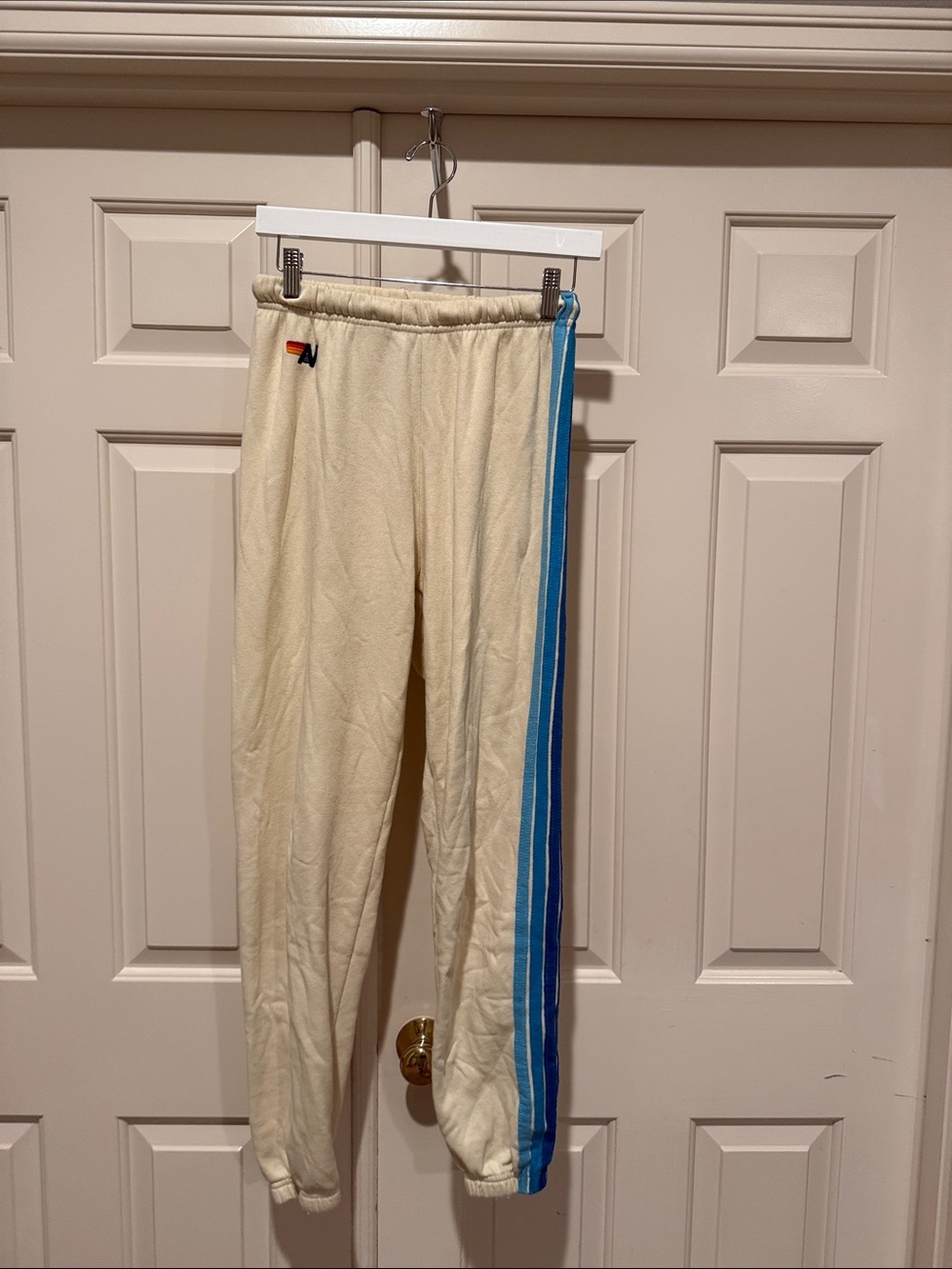 Aviator Nation Cream Sweatpants with Blue Side Stripes